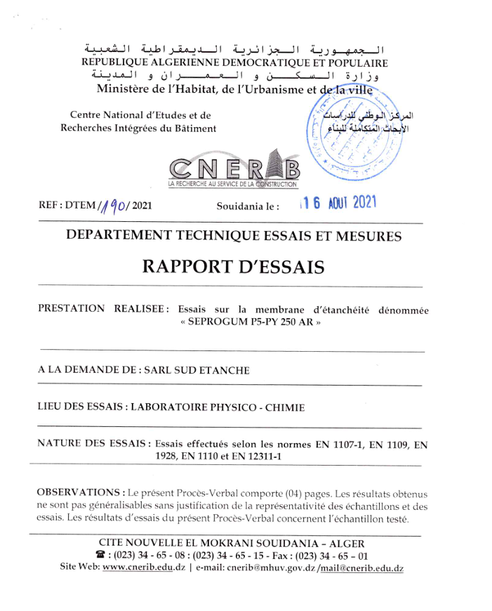 Rapport d'essai P5 250 AR