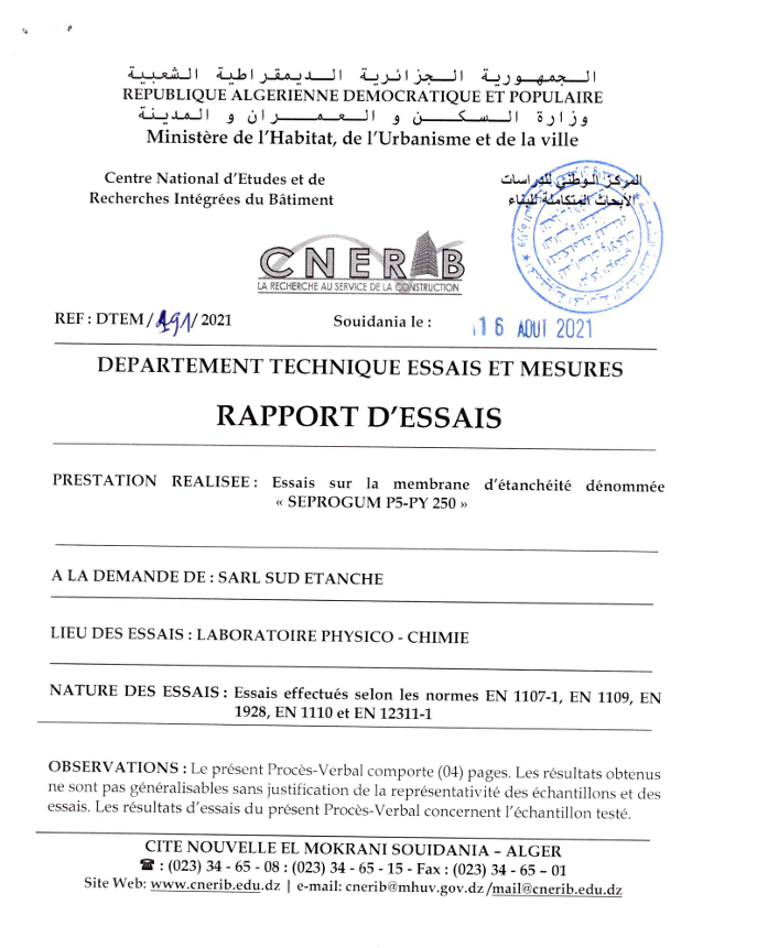 Rapport d'essai P5 250