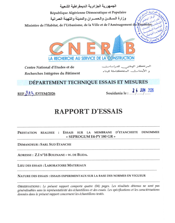 Rapport d'essai Seprogum E4 180 GR